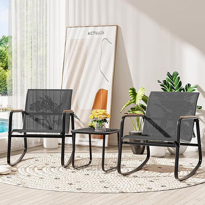YITAHOME 3 Piece Rocking Bistro Set, Outdoor Patio Furniture Set with Wooden Armrests, Porch Chairs Set with Glass Table for Lawn, Garden, Balcony, Poolside, Dark Gray