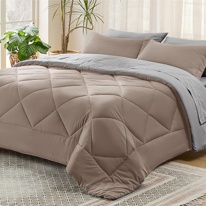 Bedsure Taupe King Size Comforter Set - 7 Pieces Reversible King Bed in a Bag King Bed Set with Comforters, Sheets, Pillowcases & Shams, King Bedding Sets