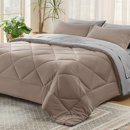 Bedsure Taupe King Size Comforter Set - 7 Pieces Reversible King Bed in a Bag King Bed Set with Comforters, Sheets, Pillowcases & Shams, King Bedding Sets