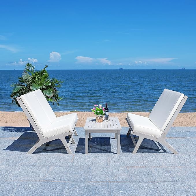 SAFAVIEH Outdoor Collection Chaston Wood Cushion 4-Piece Conversation Patio Set PAT7044H, Grey/Beige