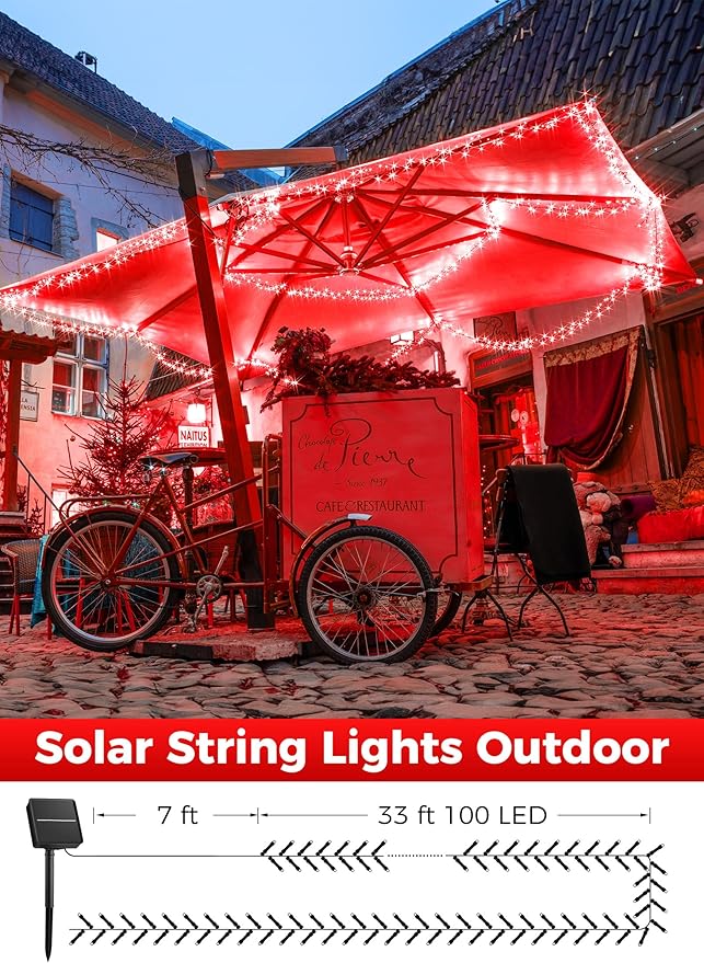 Minetom Solar String Lights Outdoor, 40FT 100 LED String Lights Solar Powered with 8 Lighting Modes, Waterproof Solar Patio Lights Outdoor, Solar String Lights for Outside Tree Yard, Red