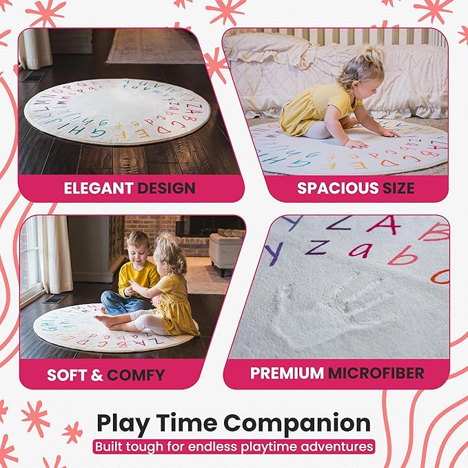ABC Rug for Kids Room - 40 inch Round Alphabet Rug - ABC Classroom Rug for Kids Learning - Round Rug for Kids Room Decor - ABC Rugs for Kids Playroom - Round Nursery Rug - ABC Mats for Floor Toddlers