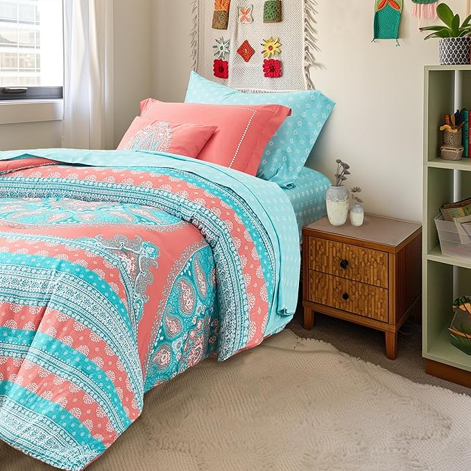 Degrees of Comfort Bed in a Bag Twin XL, Boho Medallion Comforter Sets for college girls, Microfiber 6 Pieces Bedding Set with Sheet, Matching Decorative Pillow, Coral
