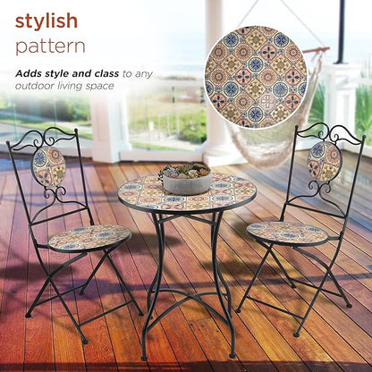 Alpine Corporation Indoor/Outdoor Mediterranean Tile Design Set Table and Chairs Patio Seating