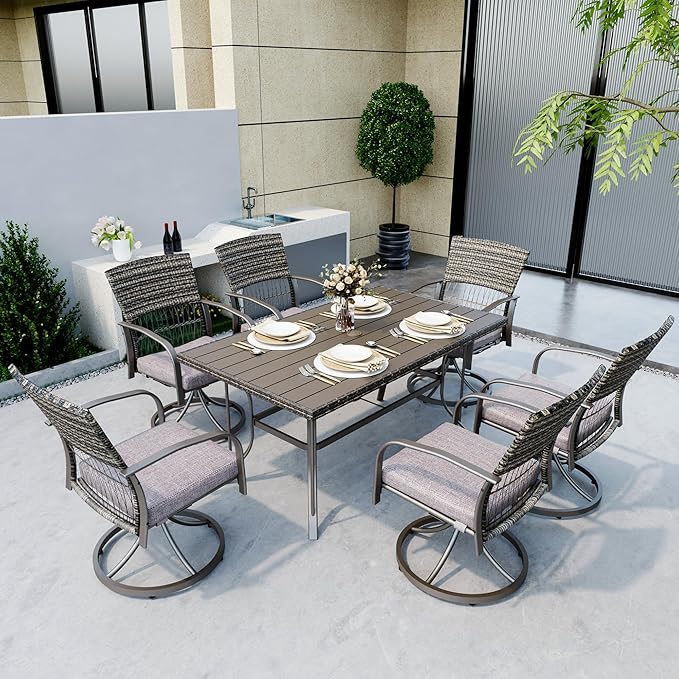 Pamapic 7 Piece Patio Dining Set for 6,Wicker Outdoor Furniture Set for Backyard Garden Deck Poolside with Iron Slats Table Top,6 Cushions Swivel Rocker Chairs,Removable Cushions(Gray)