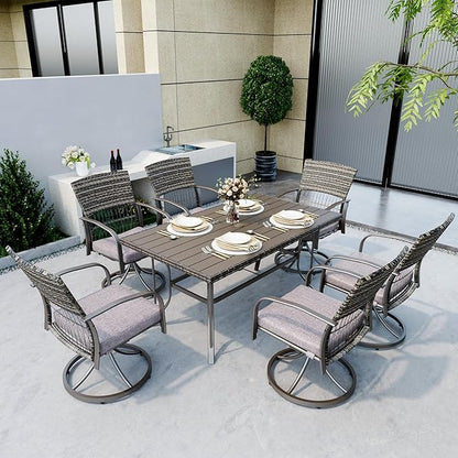 Pamapic 7 Piece Patio Dining Set for 6,Wicker Outdoor Furniture Set for Backyard Garden Deck Poolside with Iron Slats Table Top,6 Cushions Swivel Rocker Chairs,Removable Cushions(Gray)