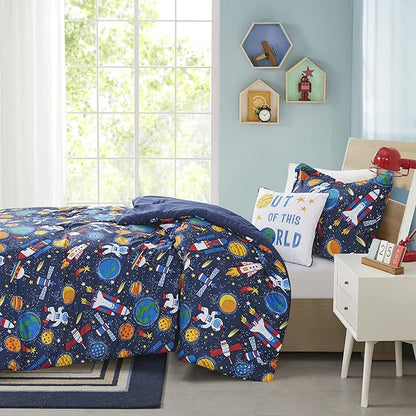 Mi Zone Kids Jason Cozy Comforter Outer Space Rocket Ships, Astronauts Print, All Season Cover, Hypoallergenic Bedding Set, Matching Sham, Decorative Pillow, Twin(66" Wx86 L), Multi 3 Piece