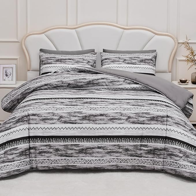 Striped Queen Size Comforter Set, Grey Black 3 PCS Microfiber Soft Lightweight Bedding Set