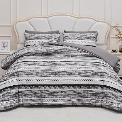 Striped Queen Size Comforter Set, Grey Black 3 PCS Microfiber Soft Lightweight Bedding Set