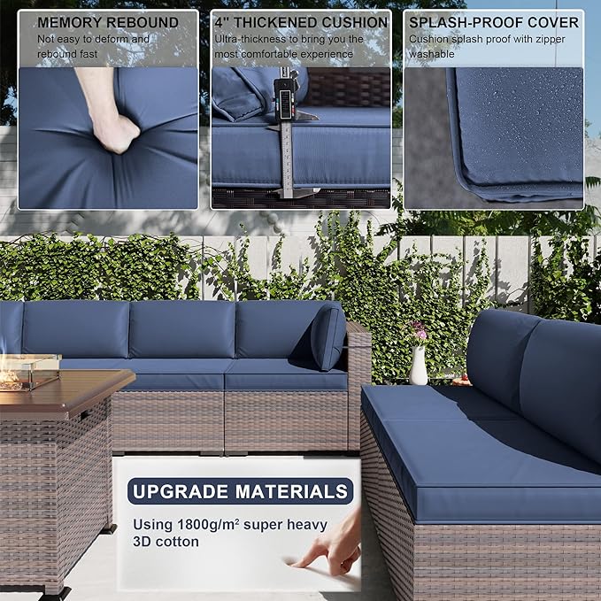 Kullavik 13PCS Outdoor Patio Furniture Set,PE Wicker Rattan Sectional Sofa Patio Conversation Sets with 43" 55000BTU Gas Propane Fire Pit Table,Swivel Rocking Chairs Set,Navy Blue