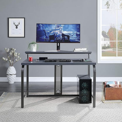 OSP Home Furnishings Reload Gaming Desk with Wireless Charging, USB Power Hub, and Remote Controlled RGB LED Lights, Matte Grey Carbon Fiber
