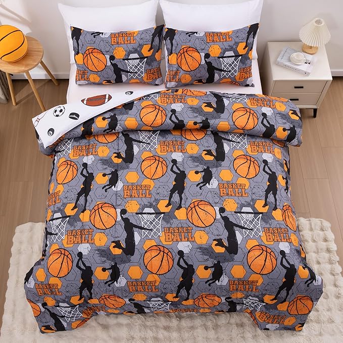 Btargot 3 Piece Grey Geometric Basketball Comforter Set Twin for Boys Teens, 3D Sports Bedding,Soft Microfiber Reversible Quilt with 2 Matching Pillow Shams, Yellow