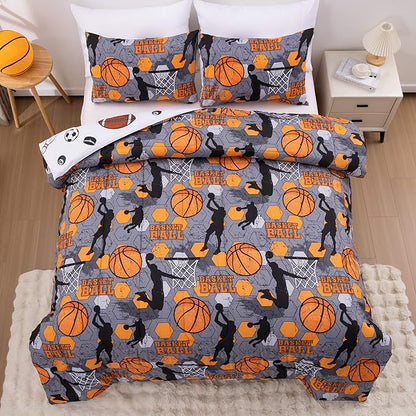 Btargot 3 Piece Grey Geometric Basketball Comforter Set Twin for Boys Teens, 3D Sports Bedding,Soft Microfiber Reversible Quilt with 2 Matching Pillow Shams, Yellow