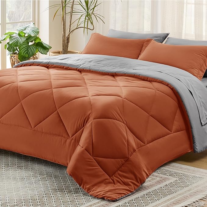 Bedsure Burnt Orange Queen Comforter Set - 7 Pieces Reversible Queen Bed in a Bag Queen Bed Set with Comforters, Sheets, Pillowcases & Shams, Queen Bedding Sets