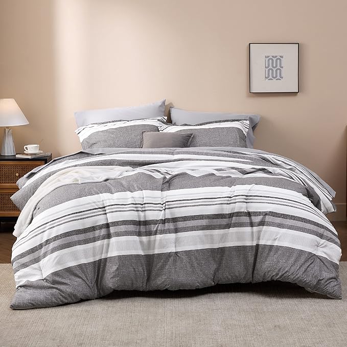 Bedsure Twin Comforter Set - 5 Pieces Grey White Striped Bedding Sets Twin Bed in A Bag with Comforters Twin Size, Sheets, Pillowcase & Sham, Bed Sets
