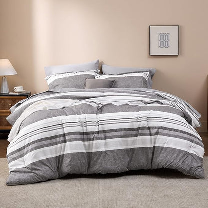 Bedsure Twin Comforter Set - 5 Pieces Grey White Striped Bedding Sets Twin Bed in A Bag with Comforters Twin Size, Sheets, Pillowcase & Sham, Bed Sets