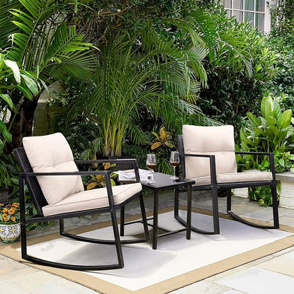 Greesum 3-Piece Rattan Wicker Patio Furniture Set with Rocking Chairs, Glass Table and Corelle 18-Piece Dinnerware Service for 6