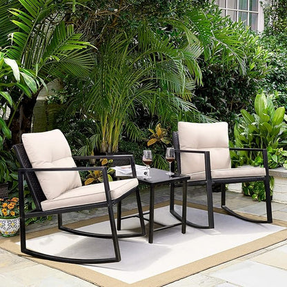 Greesum 3 Pieces Rocking Wicker Bistro Set, Patio Outdoor Furniture Conversation Sets with Porch Chairs and Glass Coffee Table, Beige