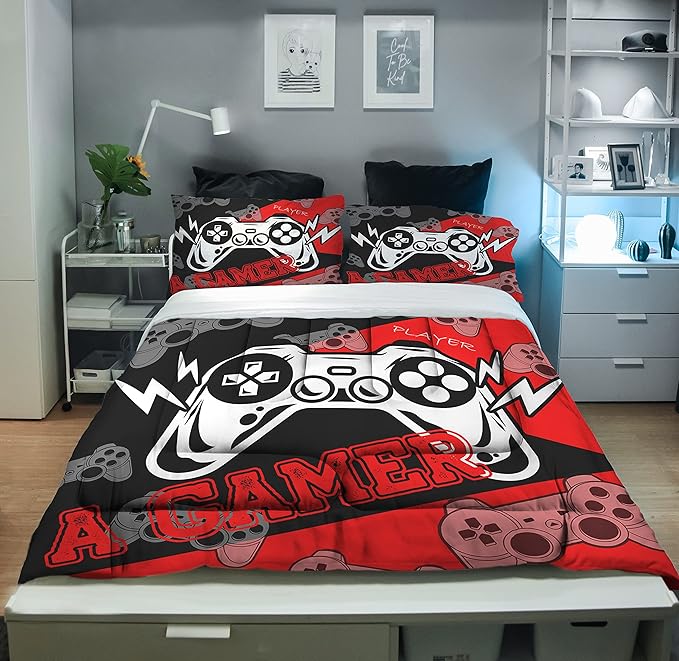 Sunnycitron Gaming Comforter Set for Boys Gamer Bedding Full Size Gamer Comforter Boys Teen Gamepad Game Bedding Kid's Comforter Set 1 Comforter with 2 Pillowcases