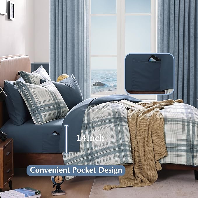 Blue Twin XL Comforter Set, Plaid Twin Comforter Set for Boys & Girls,Classic Homestead-style Twin Bed Set with Sheets and Comforter Set