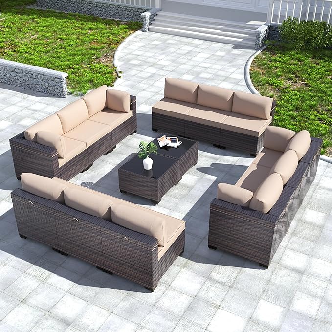 Kullavik 14PCS Outdoor Patio Furniture Set PE Wicker Rattan Sectional Sofa Patio Conversation Sets,Sand