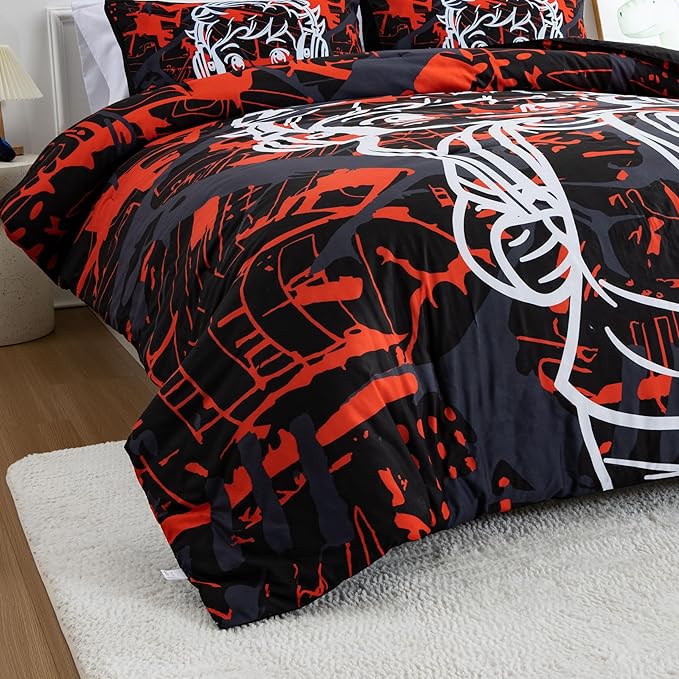 Btargot Colorful Camouflage Graffiti Style Comforter Set, 3 Piece Headphone Hip Hop Boy Line Pattern Bedding Set for Kids Boys Grils Teen, Twin Red