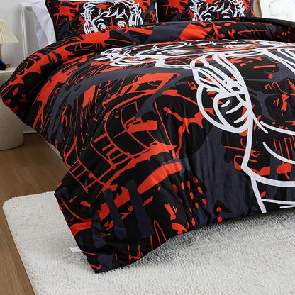 Btargot Colorful Camouflage Graffiti Style Comforter Set, 3 Piece Headphone Hip Hop Boy Line Pattern Bedding Set for Kids Boys Grils Teen, Twin Red