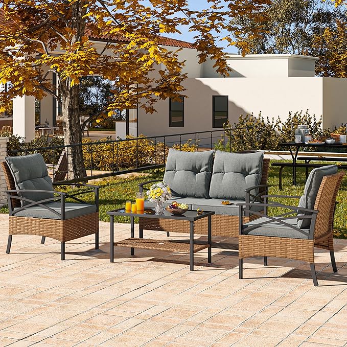 YITAHOME 4-Piece Patio Furniture Wicker Outdoor Bistro Set, All-Weather Rattan Conversation Loveseat Chairs for Backyard, Balcony and Deck with Soft Cushions and Metal Table (Light Brown+Gray)