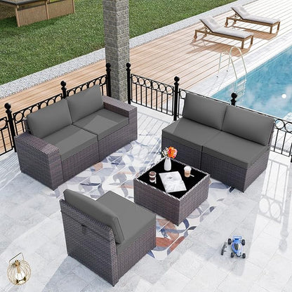 Patio Furniture Set Sofa 6-Piece Wicker PE Rattan Sectional Sofa Set, Outdoor Furniture Patio Conversation Set with Glass Coffee Table, Grey