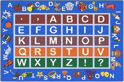 Machine Washable Educational Alphabet Design Non-Slip Rubberback 3x5 Kid's Area Rug for Playroom, Kid's Room, Bedroom, Kindergarten, 3'3" x 5', Blue