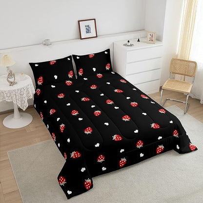 Red Strawberry Bedding Set Full Size, Soft Kawaii Strawberry Comforter Set For Kids Girls Boys Bedroom Decor, Cute Fruits Theme Sweet Strawberry Down Comforter Lightweight Reversible Duvet Set, Black