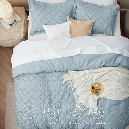 Bedsure Full Size Comforter Set - Dusty Blue Comforter, Boho Tufted Shabby Chic Bedding Comforter Set, 3 Pieces Farmhouse Bed Set for All Seasons, Fluffy Soft Bedding Set with 2 Pillow Shams