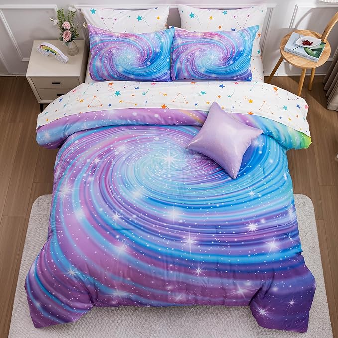 Btargot Super Soft 6 Pieces Gradient Star Ring Comforter Set, Colorful Glitter Rainbow Star Pattern Bedding Set for Boys Girls Teens, Full Purple