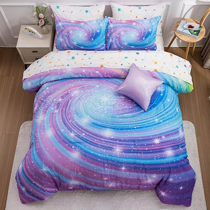 Btargot Super Soft 6 Pieces Gradient Star Ring Comforter Set, Colorful Glitter Rainbow Star Pattern Bedding Set for Boys Girls Teens, Full Purple