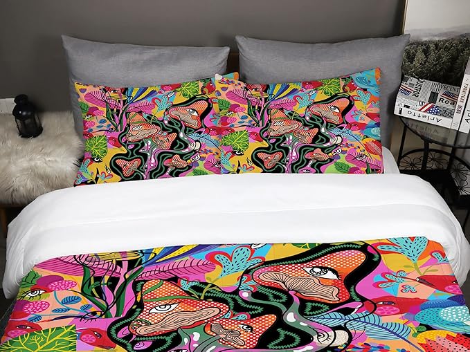 Sunnycitron 3D Colorful Mushroom Comforter set Colorful Mushroom Bedding Full size Mushroom Eyes Pattern Print Comforter Sets- All-Season (1 Comforter + 2 Pillowcases),Easy-Wash Fade Resistant