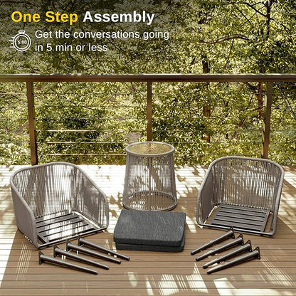 EAST OAK Breezeway Patio Furniture Set, 3-Piece Outside Bistro Set Handwoven Rattan Wicker Chairs with Waterproof Cushions, Tempered Glass Table, Outdoor Conversation Set, Light Grey & Dark Grey