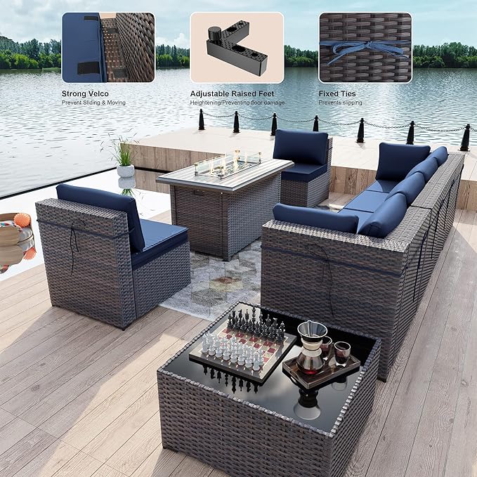Kullavik 8 Pieces Outdoor Patio Furniture Set with 43" 55000BTU Gas Propane Fire Pit Table PE Wicker Rattan Sectional Sofa Patio Conversation Sets,Dark Blue