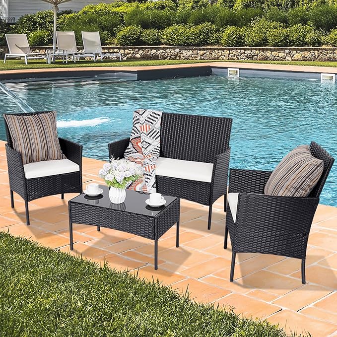 Patio Furniture Set 4 Pieces Conversation Sets Outdoor Wicker Rattan Chairs Garden Backyard Balcony Porch Poolside Loveseat with Soft Cushion and Tempered Glass Table(Black/Beige)