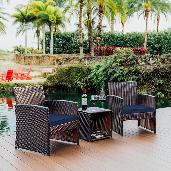 Nestl Wicker Outdoor Furniture Set - 3 Piece Patio Bistro Set (Brown/Navy)