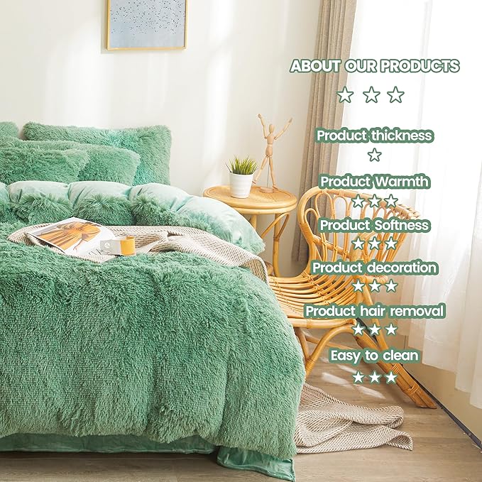 FOPPA Green Plush Comforter Cover Set Queen - Ultra Soft Faux Fur Green Bedding Sets 3 Pieces (1 Fluffy Duvet Cover + 2 Shaggy Pillow case) Fluffy Bed Set (Green, Queen)