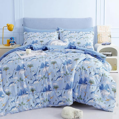 Mooreeke Kids Comforter Bed Set Twin Size for Boys, 6 Pieces Bed in a Bag with Shams, Sheet Set and 1 Decorative Toy Throw Pillow, Dinosaur Blue Super Twin Soft Microfiber Kids Comforter Bedding Set