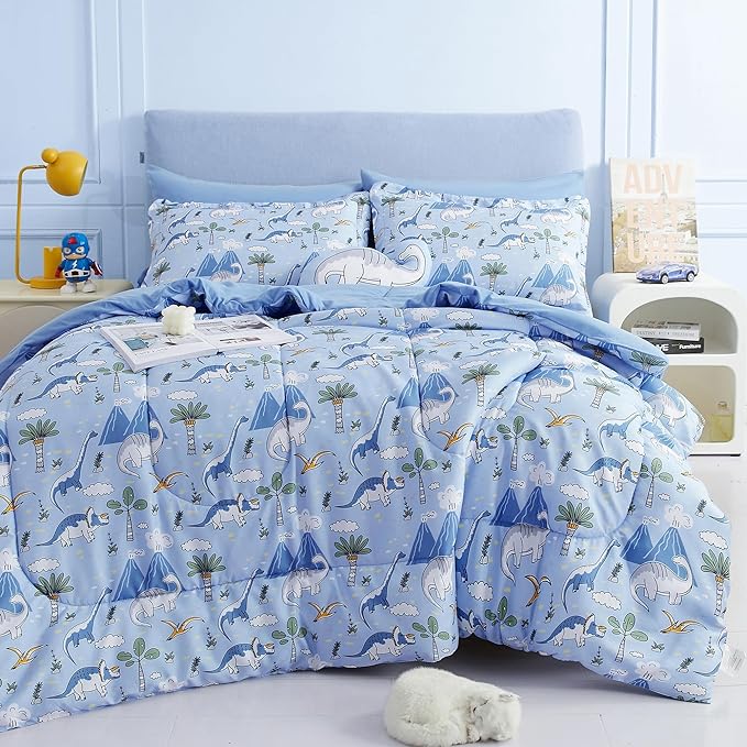Mooreeke Kids Comforter Bed Set Full Size for Boys, 8 Pieces Bed in a Bag with Shams, Sheet Set and 1 Decorative Toy Throw Pillow, Dinosaur Blue Super Full Soft Microfiber Kids Comforter Bedding Set