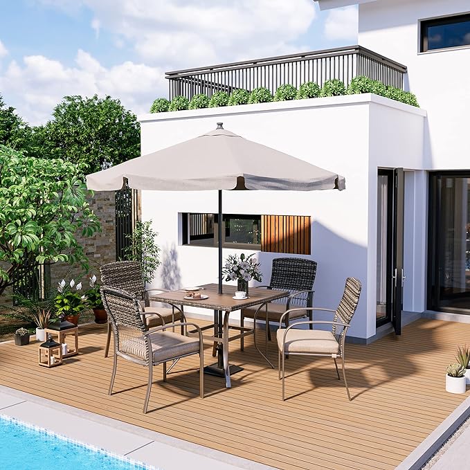 Pamapic Outdoor Piece Patio Dining Set, Weather Resistant PE Rattan Table and Chairs, Comfortable Cushions, Easy Maintenance, 5 PCS, Beige
