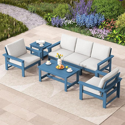 SERWALL HDPE Patio Coversation Set, 7-piece Outdoor Sectional Sofa Set, All Weather Patio Couch Set Patio Furniture for Balcony, Deck, Navy Frame with Khaki Cushion