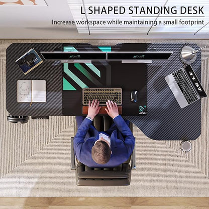 Standing Adjustable Desk, 63 inches L Shaped Electric Standing Gaming Desk with Locking Wheels, Cup Holder, Headphone Hook, Cable Manager, Mouse pad, Carbon Fiber Textured Pane