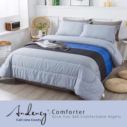 Andency Full Size Blue Comforter Set (79x90 Inch), 3 Pieces Gray and Blue Patchwork Striped Comforter, Soft Microfiber Down Alternative Comforter Bedding Set Bed in a Bag with Corner Loops