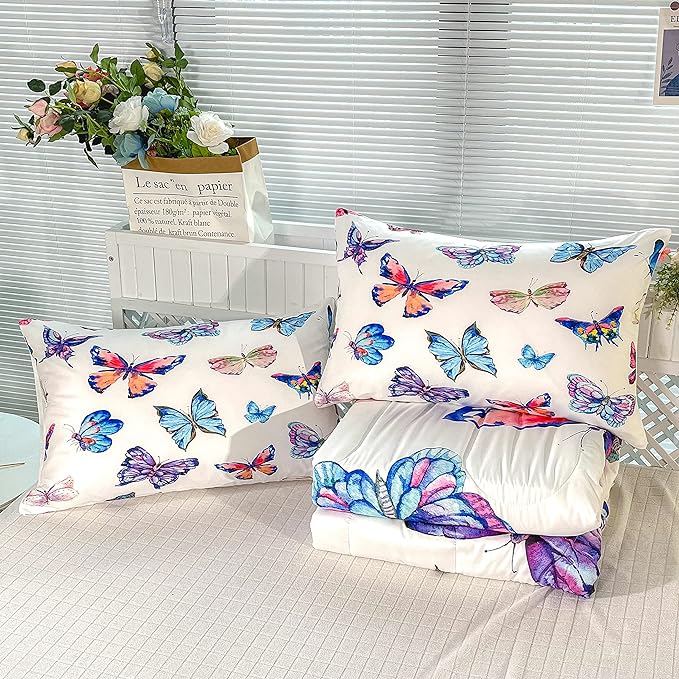 CVHOUSE Bedding Set, Queen, Butterfly Design for Girls Kids Teens, 1 Comforter and 2 Pillow Cases