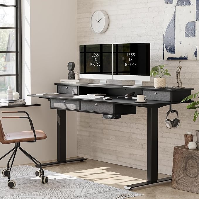 BANTI Height Adjustable Electric Standing Desk with 4 Drawers, 63 x 24 Inch Table with Storage Shelf, Sit Stand Desk, Black Top