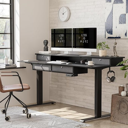 BANTI Height Adjustable Electric Standing Desk with 4 Drawers, 63 x 24 Inch Table with Storage Shelf, Sit Stand Desk, Black Top