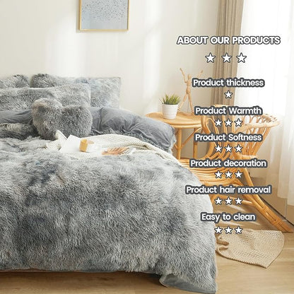 Tie dye Dark Gray Plush Fluffy Comforter Cover Set Queen - Ultra Soft Faux Fur tie dye Bedding Sets 3 Pieces (1 Shaggy Duvet Cover + 2 Pillow case) Fluffy Bed Set (Tie Dye Dark Gray, Queen)